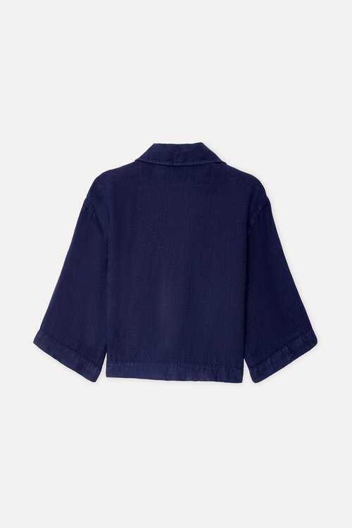 Kadın Lacivert 3/4 Kol Oversize Keten Gömlek