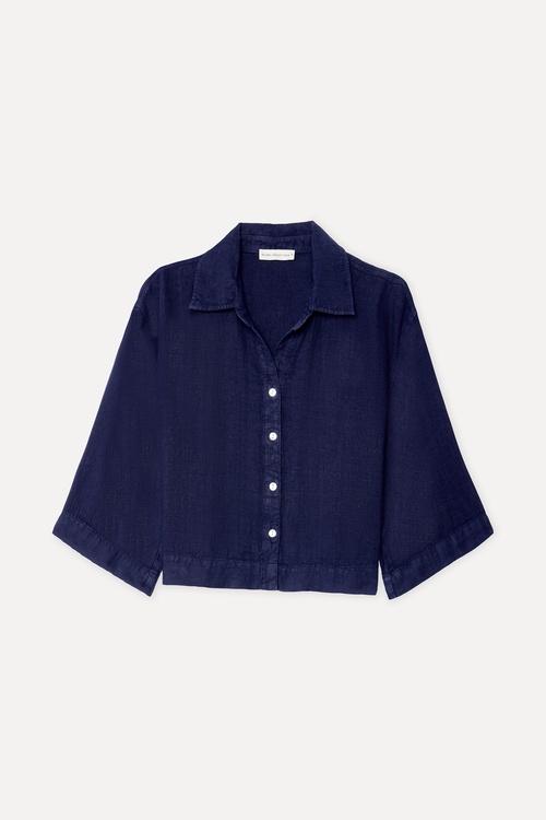 Kadın Lacivert 3/4 Kol Oversize Keten Gömlek