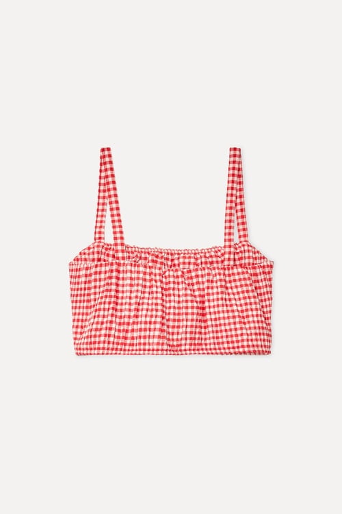 Kadın Kırmızı Ekoseli Crop Kolsuz Bluz
