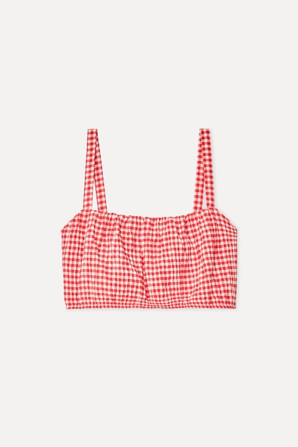 Kadın Kırmızı Ekoseli Crop Kolsuz Bluz