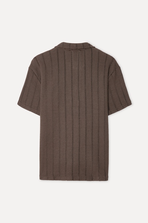Erkek Kahverengi Çizgili Comfort Fit Kısa Kollu Gömlek