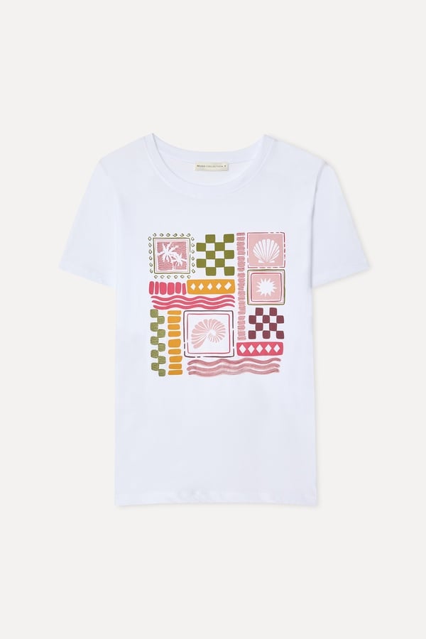 Kadın Beyaz Baskılı Bisiklet Yaka T-Shirt