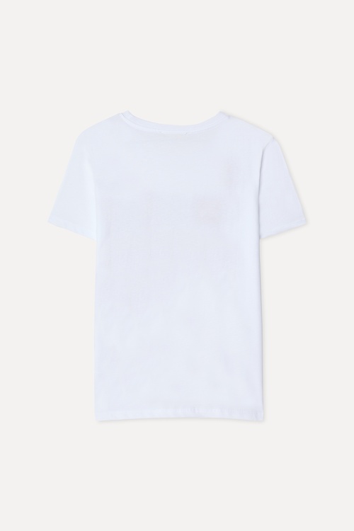Kadın Beyaz Baskılı Bisiklet Yaka T-Shirt
