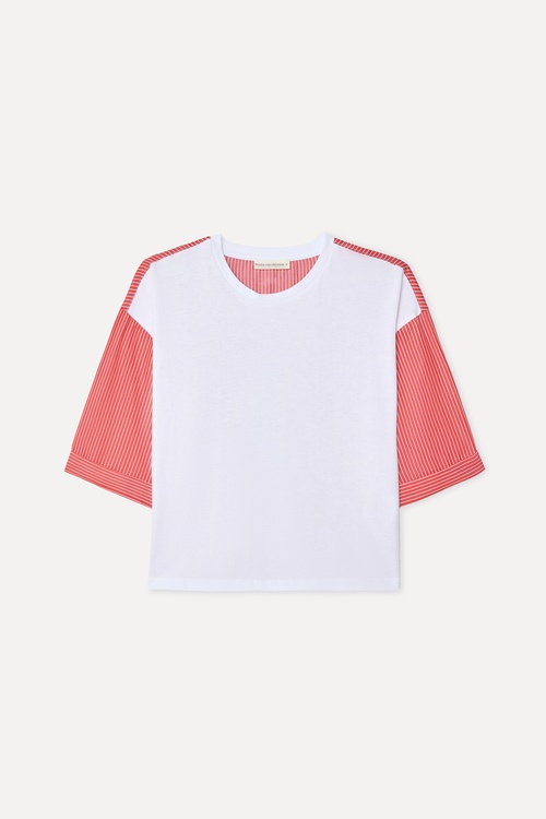 Kadın Kırık Beyaz Çizgili Bisiklet Yaka T-Shirt