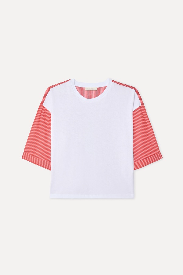 Kadın Kırık Beyaz Çizgili Bisiklet Yaka T-Shirt