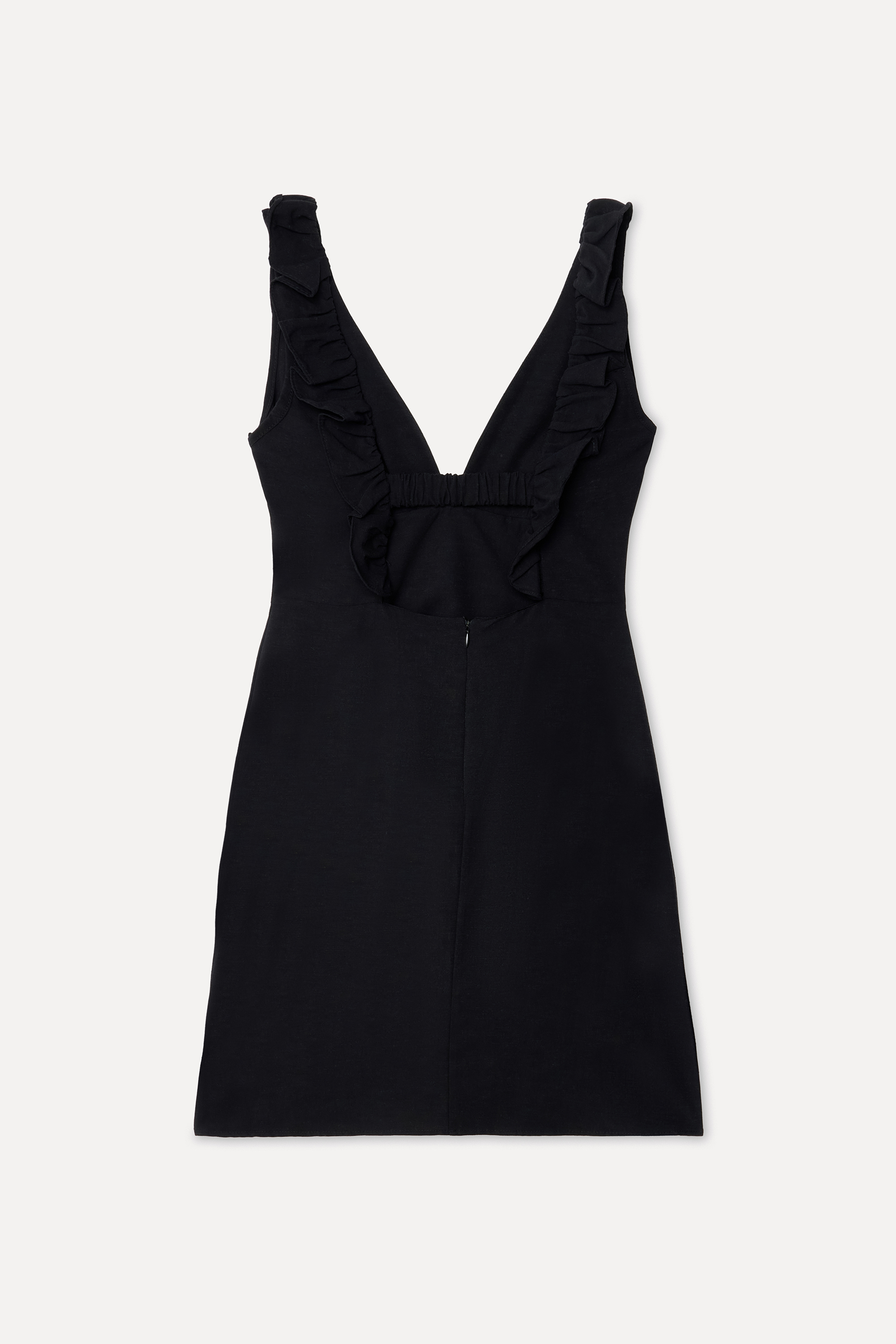 Kadın Siyah Fitted V Yaka Keten Karışımlı Mini Elbise