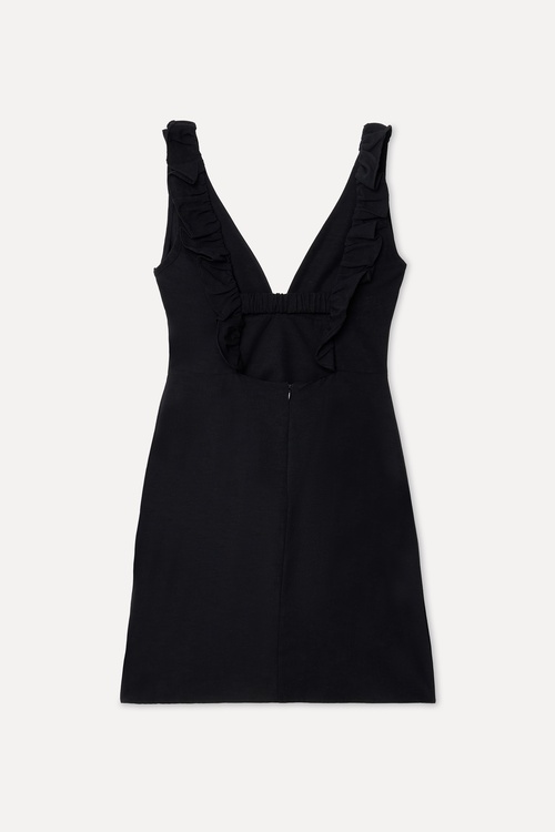 Kadın Siyah Fitted V Yaka Keten Karışımlı Mini Elbise