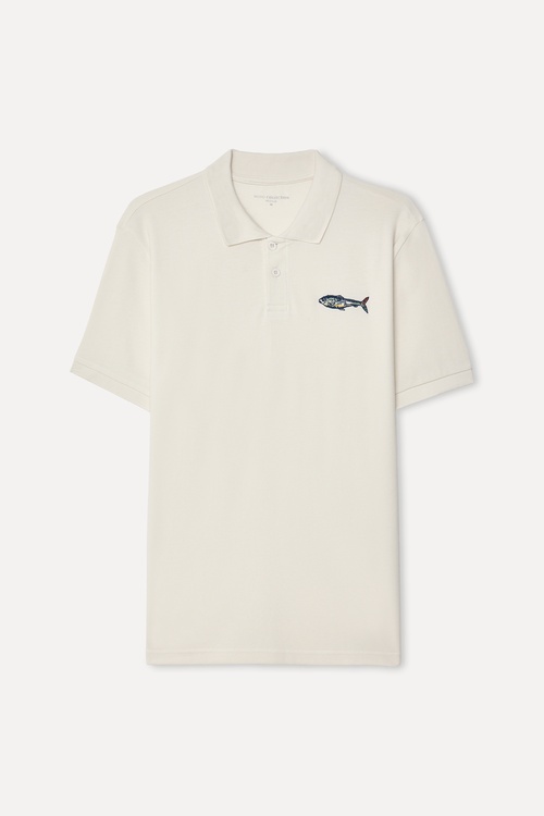  Erkek Kırık Beyaz Nakışlı Polo Yaka T-Shirt