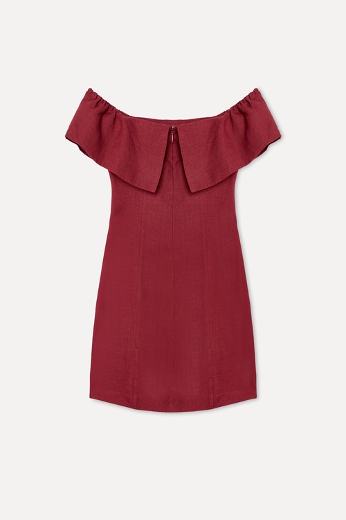 Kadın Bordo Fitted Kayık Yaka Mini Keten Elbise