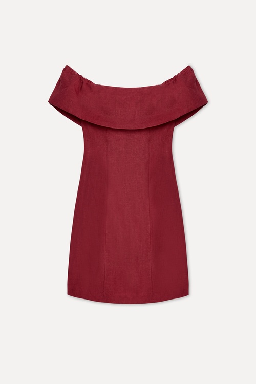 Kadın Bordo Fitted Kayık Yaka Mini Keten Elbise