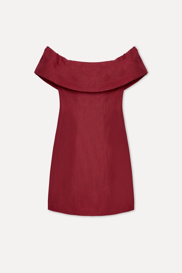 Kadın Bordo Fitted Kayık Yaka Mini Keten Elbise