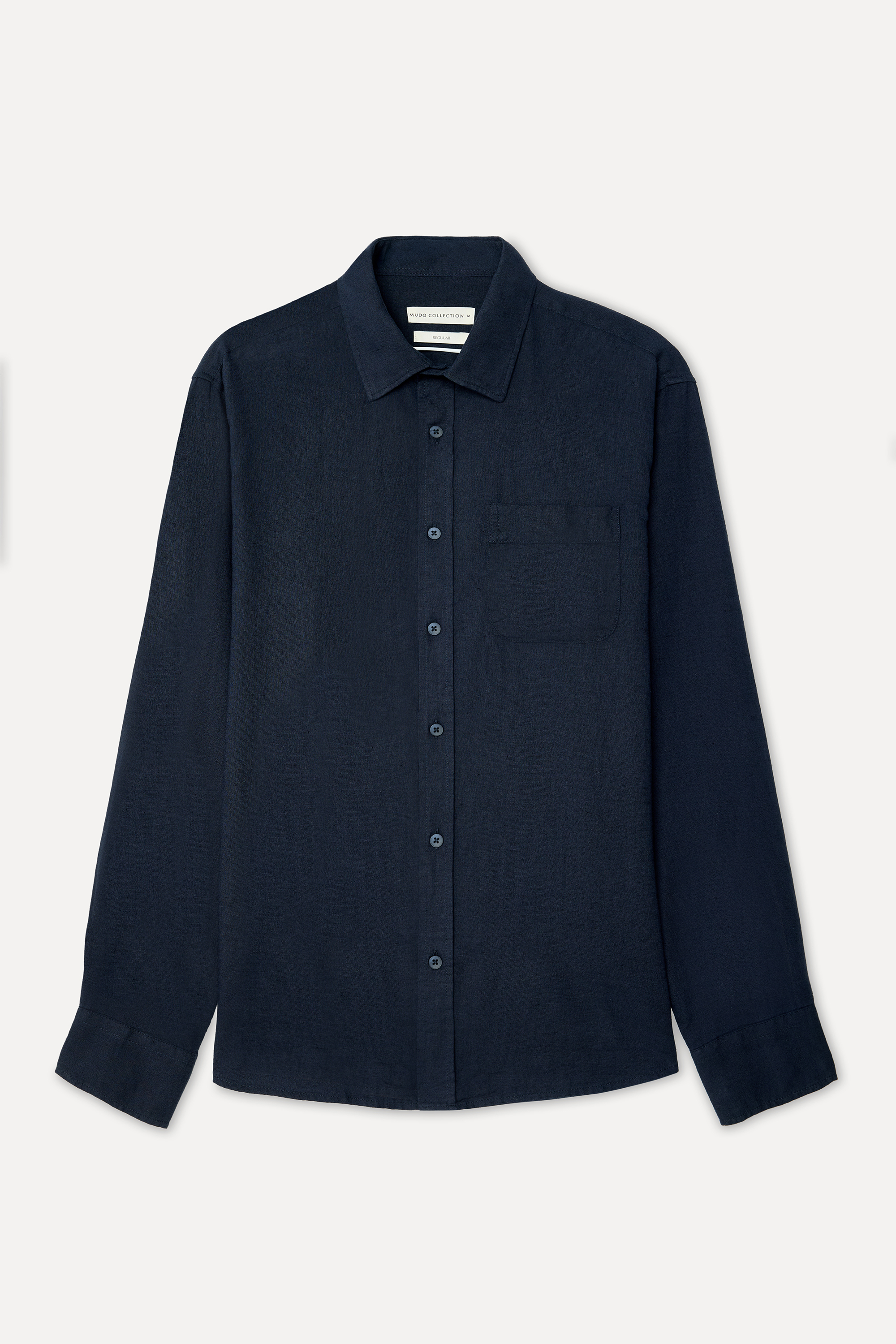 Erkek Lacivert Regular Fit Uzun Kollu Keten Karışımlı Gömlek