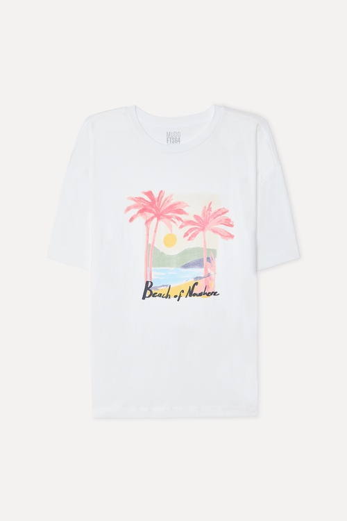 Erkek Beyaz Baskılı Oversize Bisiklet Yaka T-Shirt