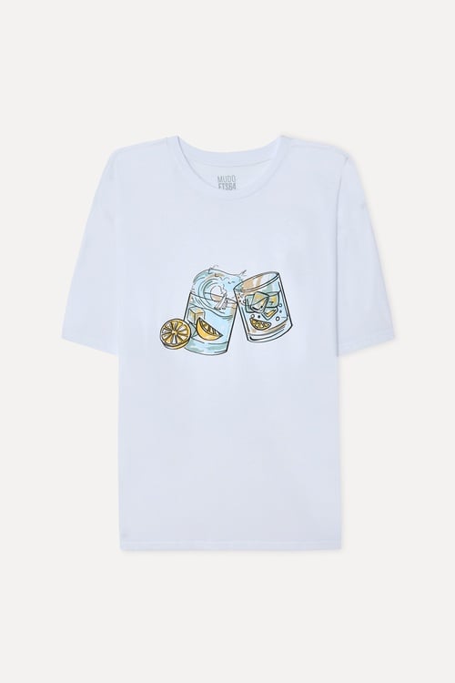  Erkek Beyaz Baskılı Comfort Fit Bisiklet Yaka T-Shirt