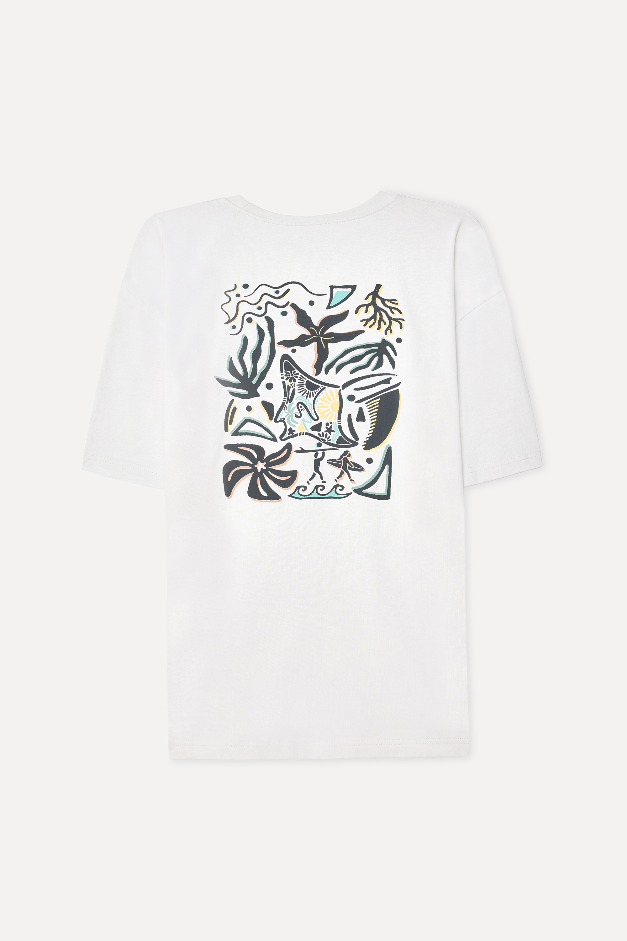 Erkek Kırık Beyaz Nakışlı Oversize Bisiklet Yaka T-Shirt