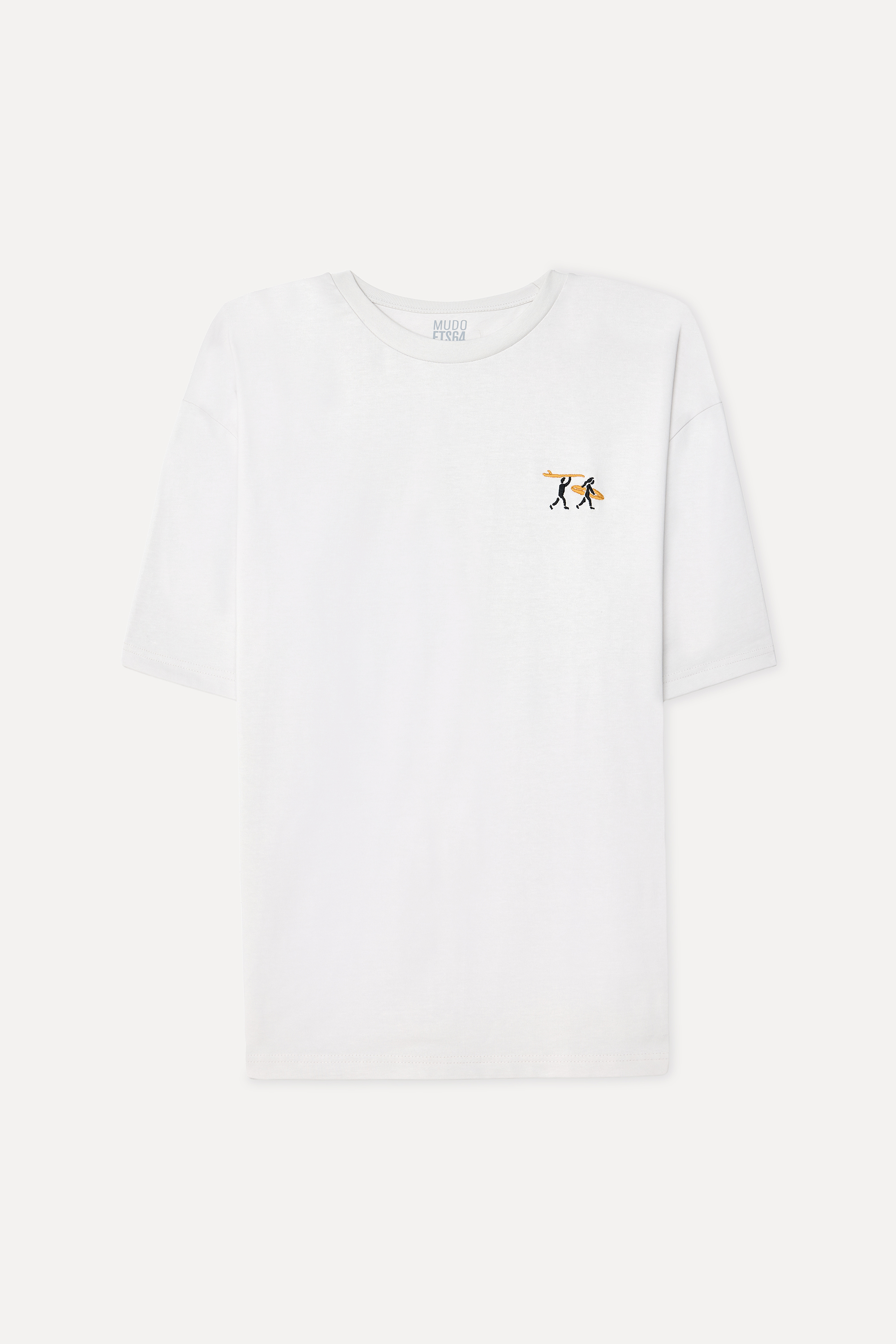 Erkek Kırık Beyaz Nakışlı Oversize Bisiklet Yaka T-Shirt