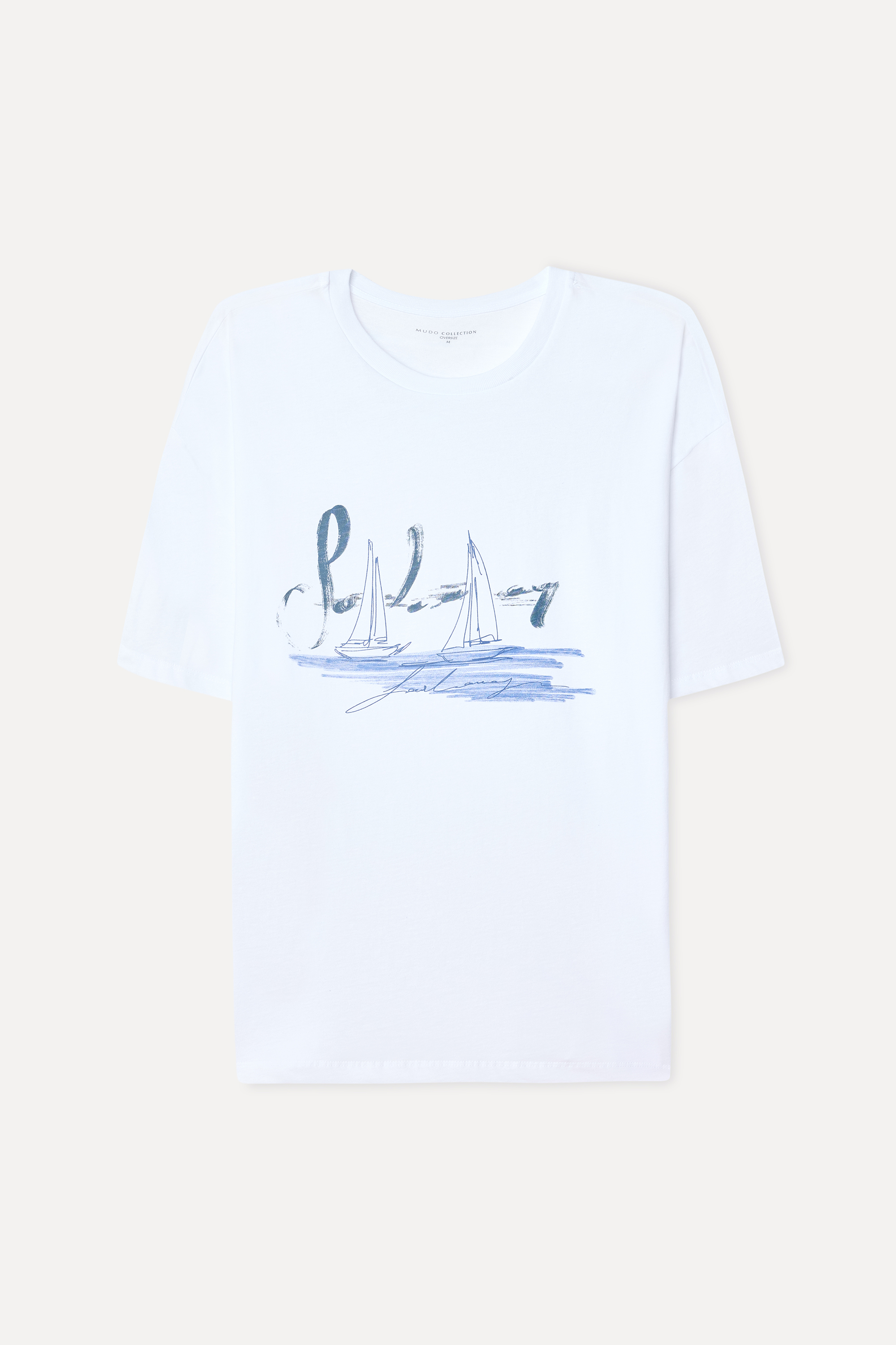 Erkek Beyaz Baskılı Oversize Bisiklet Yaka T-Shirt