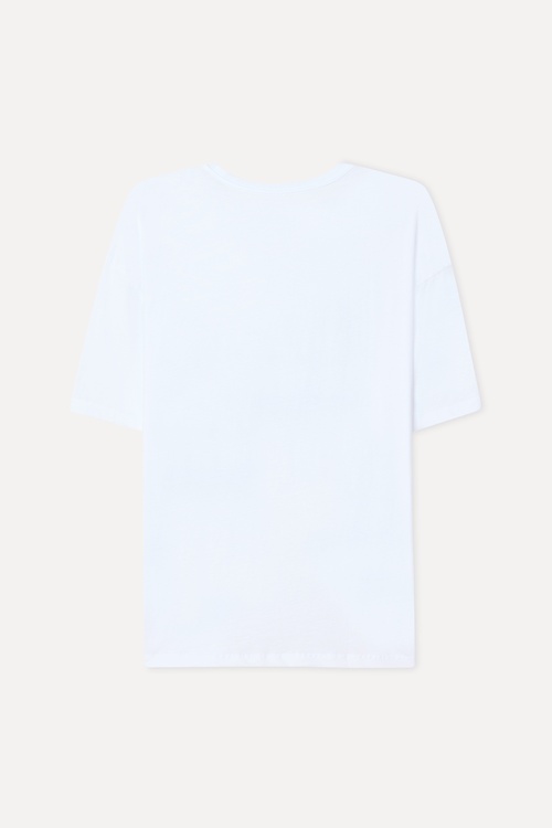 Erkek Beyaz Baskılı Oversize Bisiklet Yaka T-Shirt