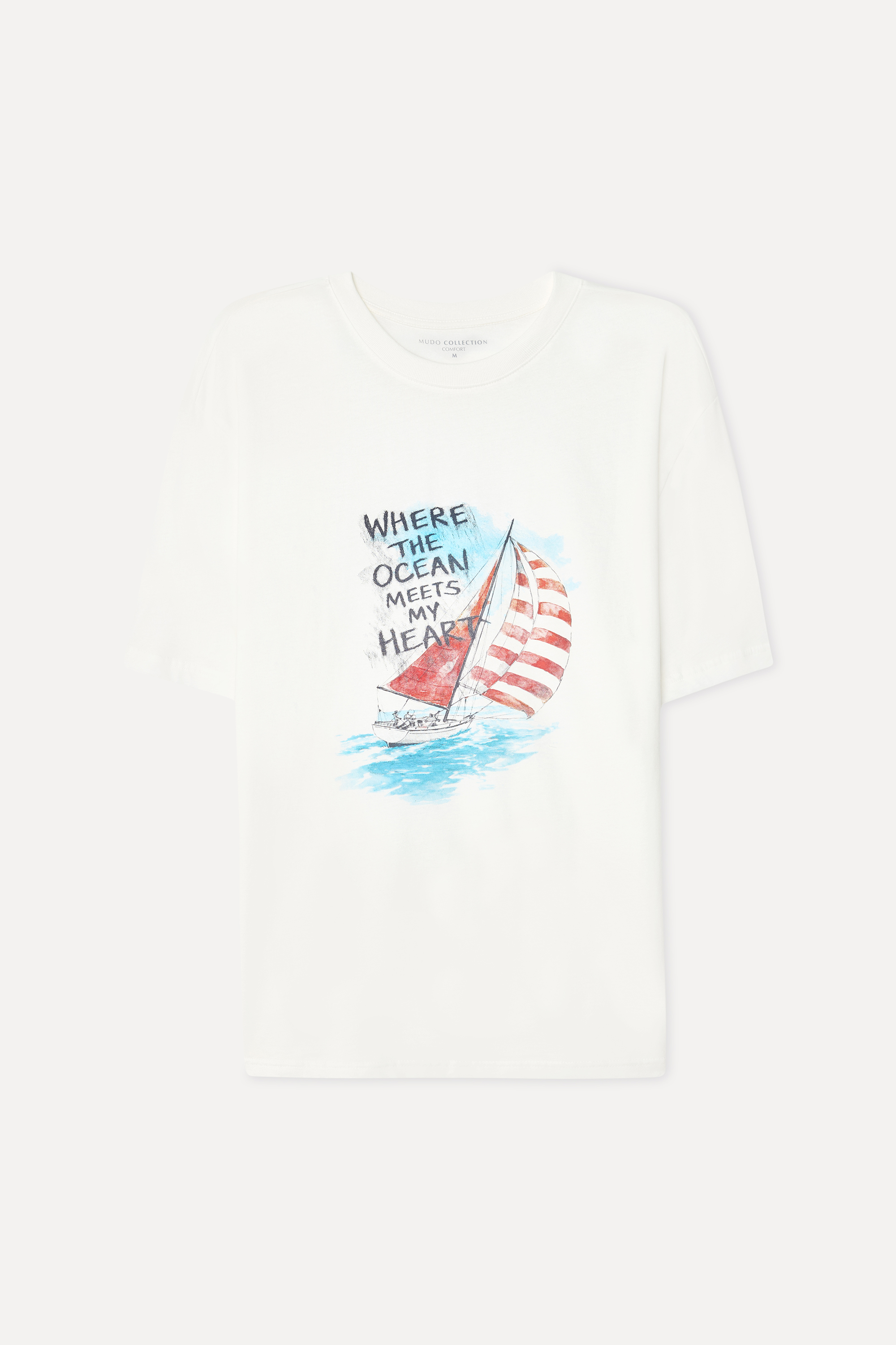 Erkek Kırık Beyaz Baskılı Comfort Fit Bisiklet Yaka T-Shirt