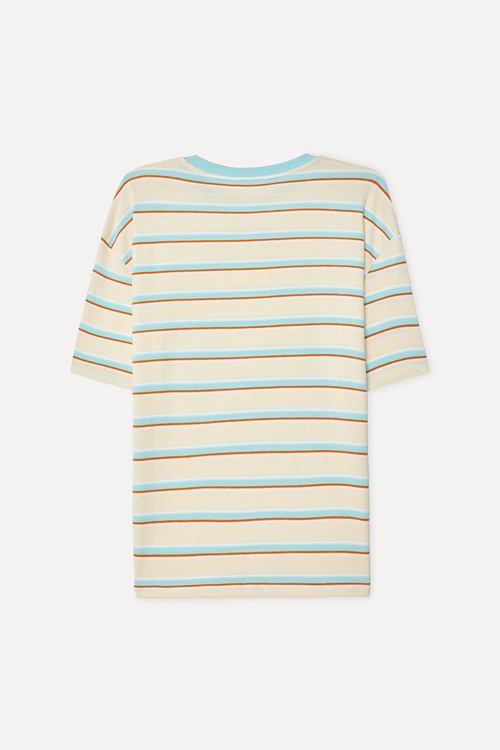 Erkek Taş Rengi Çizgili Oversize Bisiklet Yaka T-Shirt