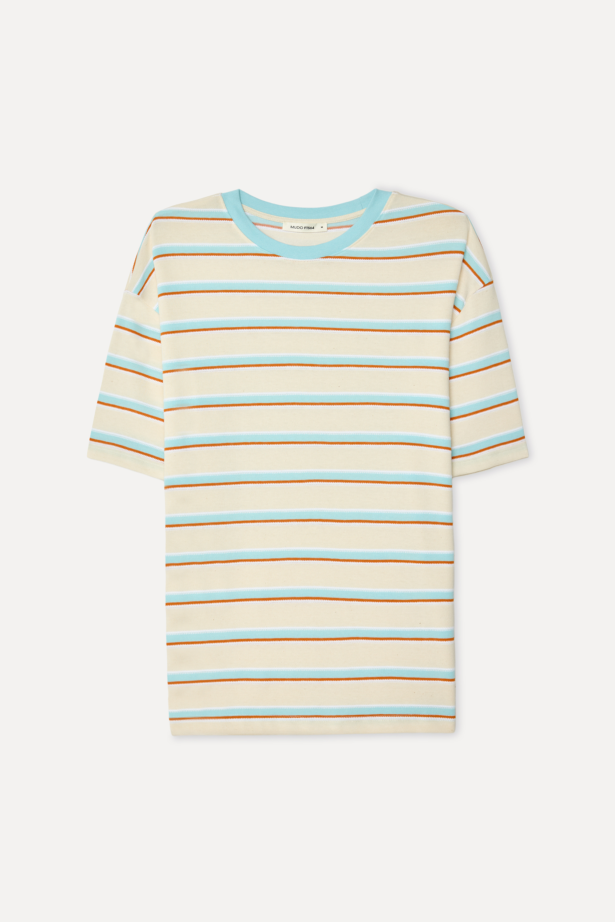 Erkek Taş Rengi Çizgili Oversize Bisiklet Yaka T-Shirt