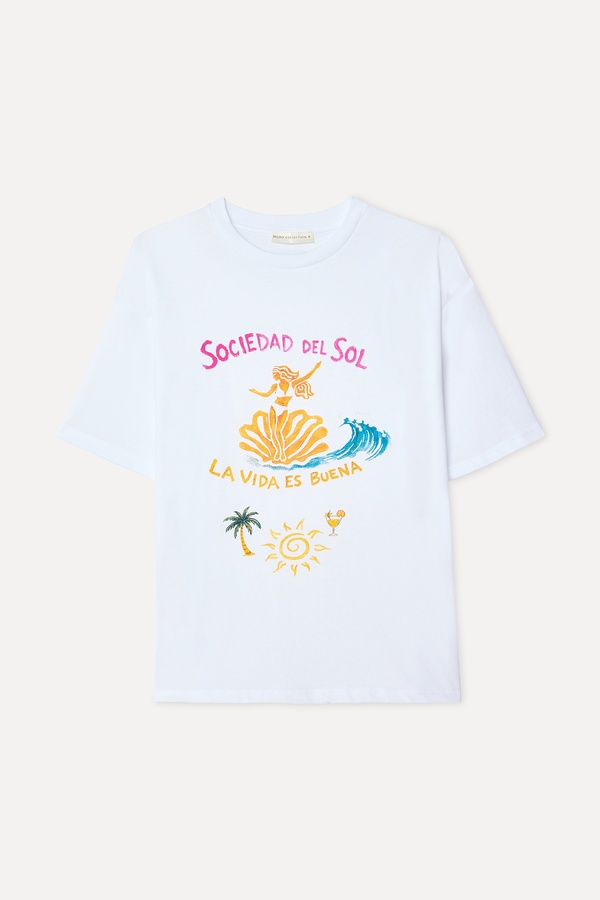 Kadın Beyaz Baskılı Bisiklet Yaka T-Shirt