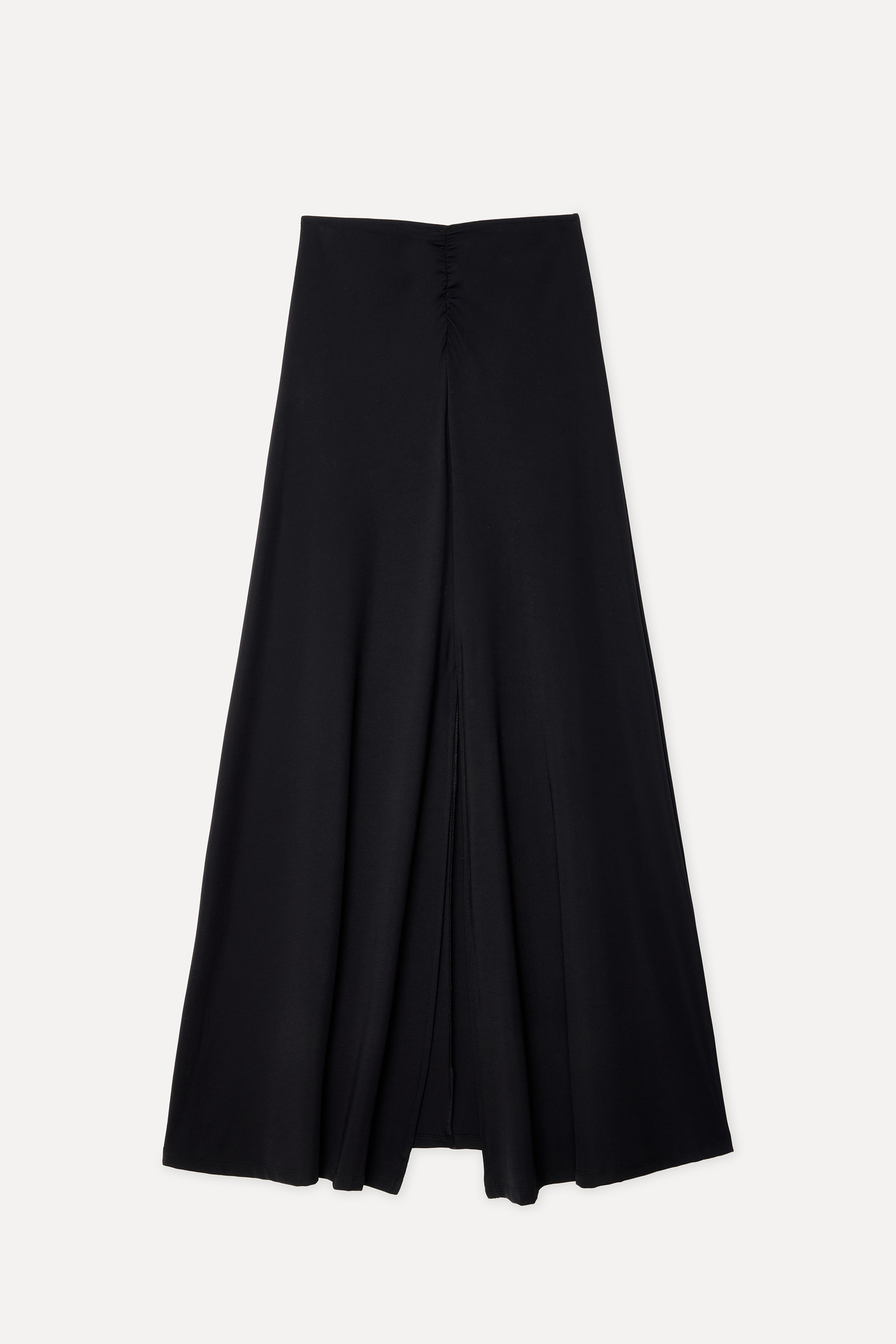 Kadın Siyah A Form Beli Büzgülü Yırtmaçlı Uzun Etek