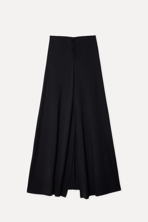  Kadın Siyah A Form Beli Büzgülü Yırtmaçlı Uzun Etek