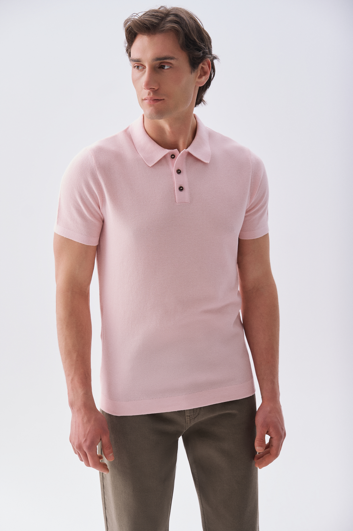 Erkek Pembe Düğmeli Polo Yaka Kısa Kollu Triko Kazak