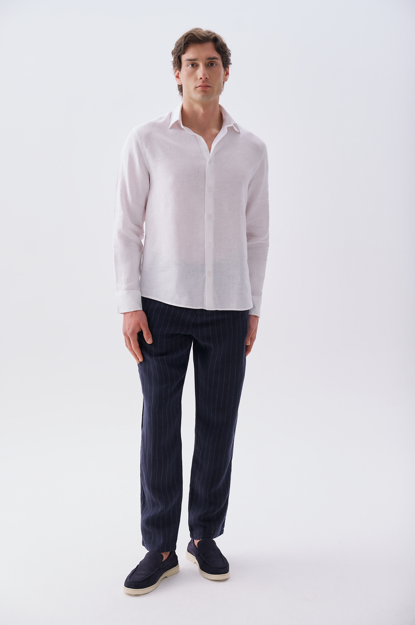 Erkek Lacivert Çizgili Tapered Fit Keten Pantolon