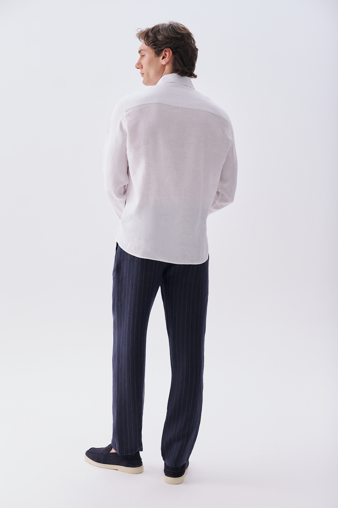 Erkek Lacivert Çizgili Tapered Fit Keten Pantolon