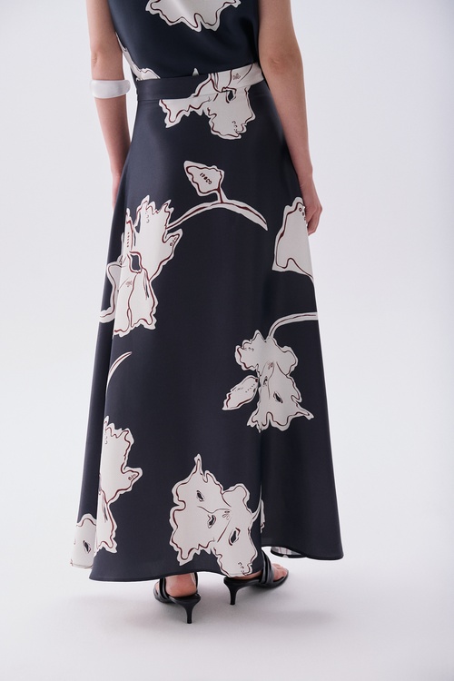 Kadın Lacivert Floral Desenli A Form Midi Etek