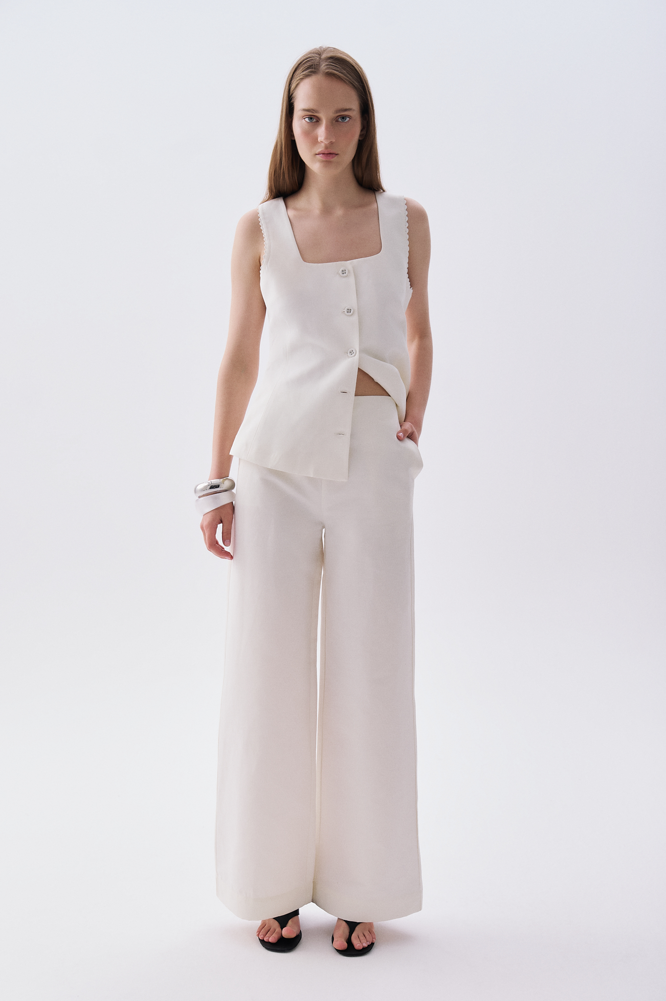 Kadın Kırık Beyaz Wide Leg Keten Pantolon