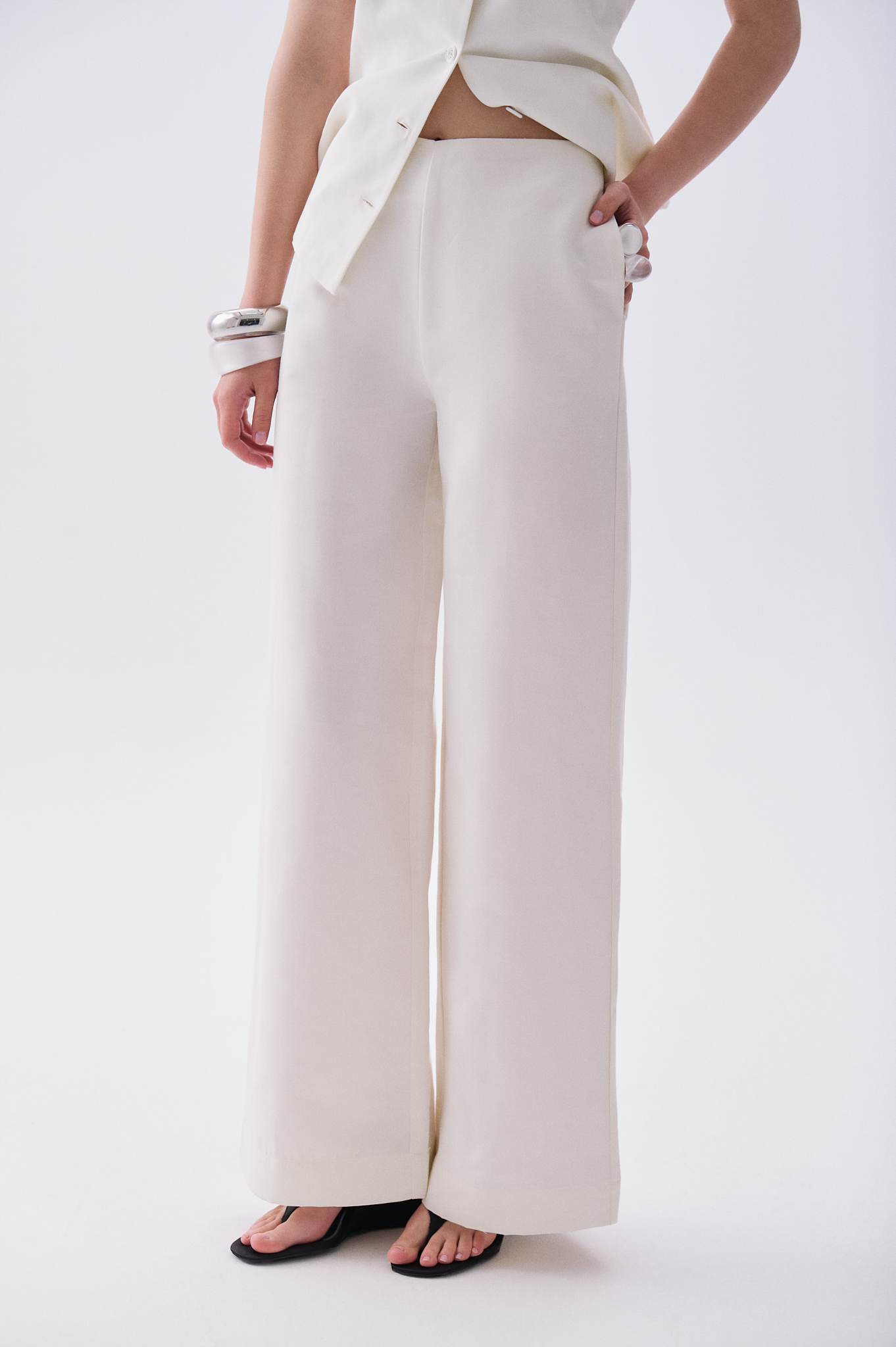 Kadın Kırık Beyaz Wide Leg Keten Pantolon