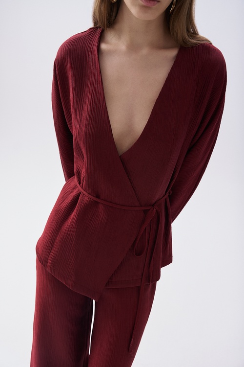 Kadın Bordo Loose Fit Bağlamalı V Yaka Uzun Kollu Bluz