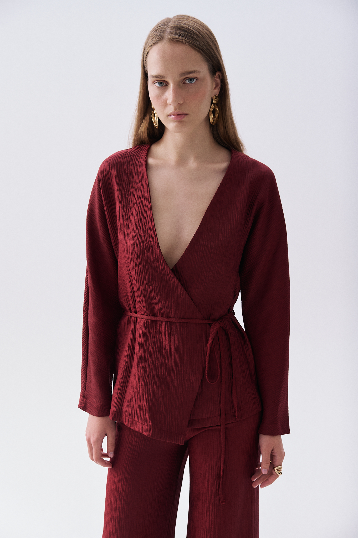 Kadın Bordo Loose Fit Bağlamalı V Yaka Uzun Kollu Bluz