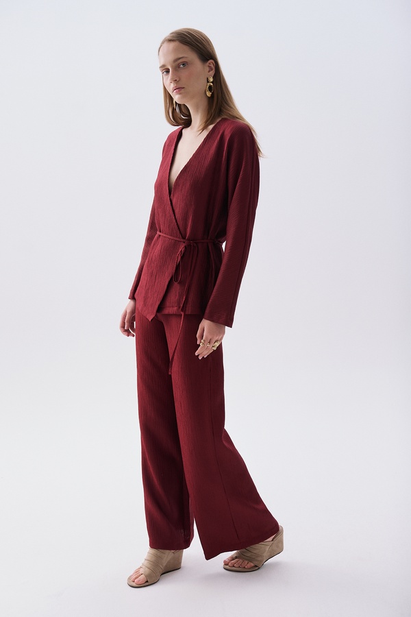 Kadın Bordo Straight Fit Beli Lastikli Pantolon
