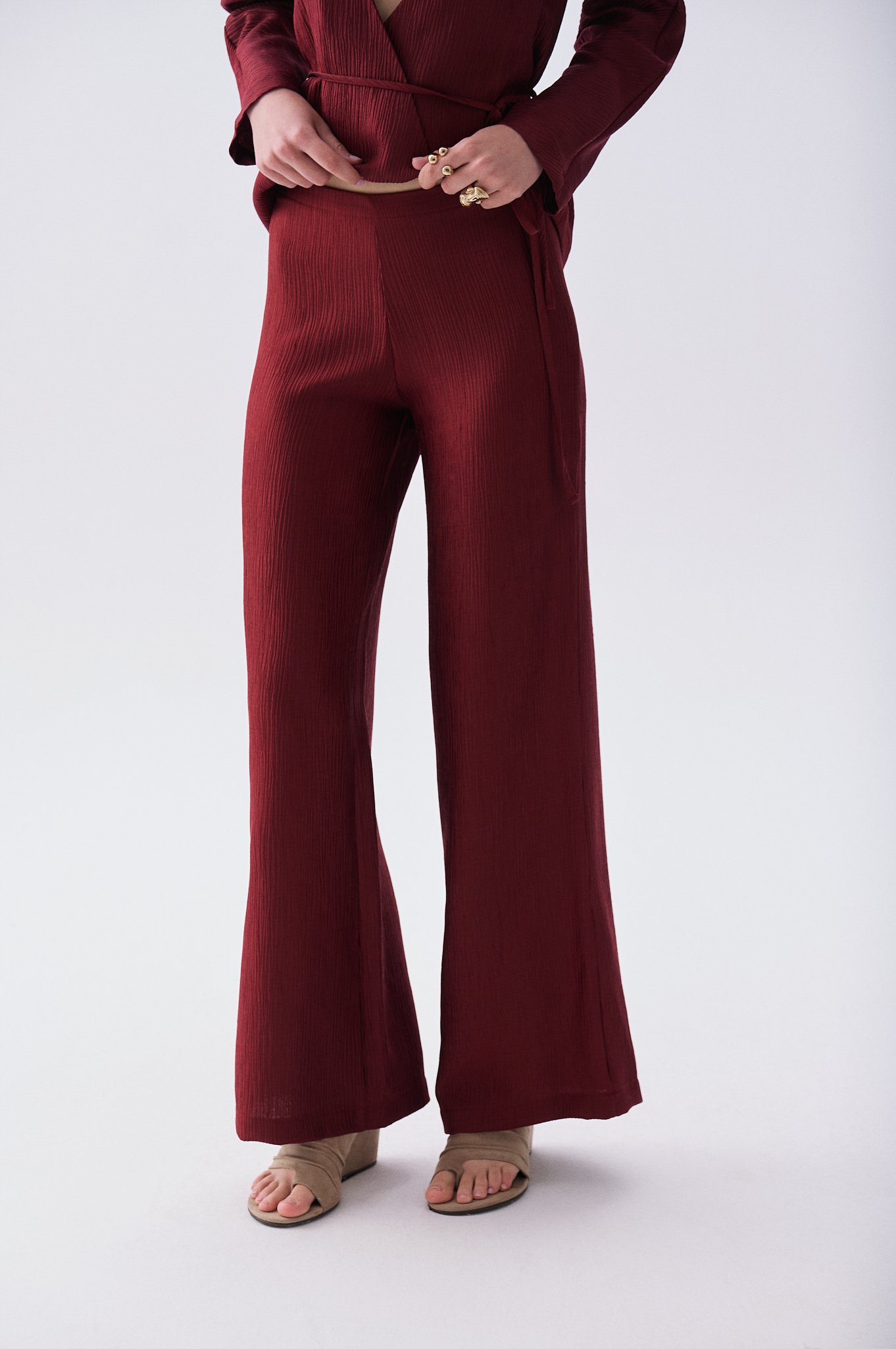 Kadın Bordo Straight Fit Beli Lastikli Pantolon