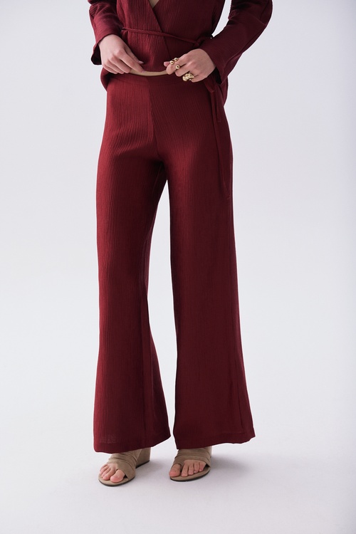 Kadın Bordo Straight Fit Beli Lastikli Pantolon