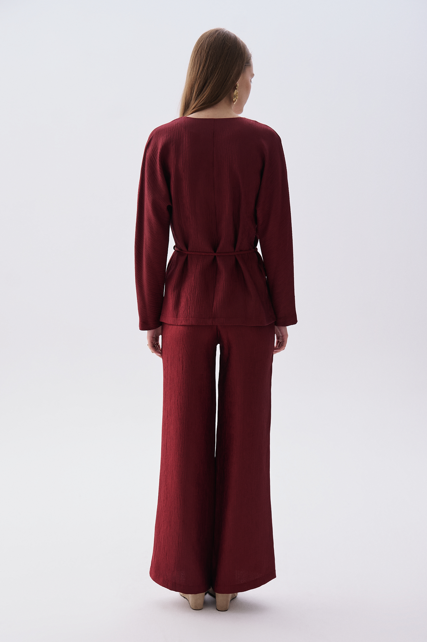 Kadın Bordo Straight Fit Beli Lastikli Pantolon