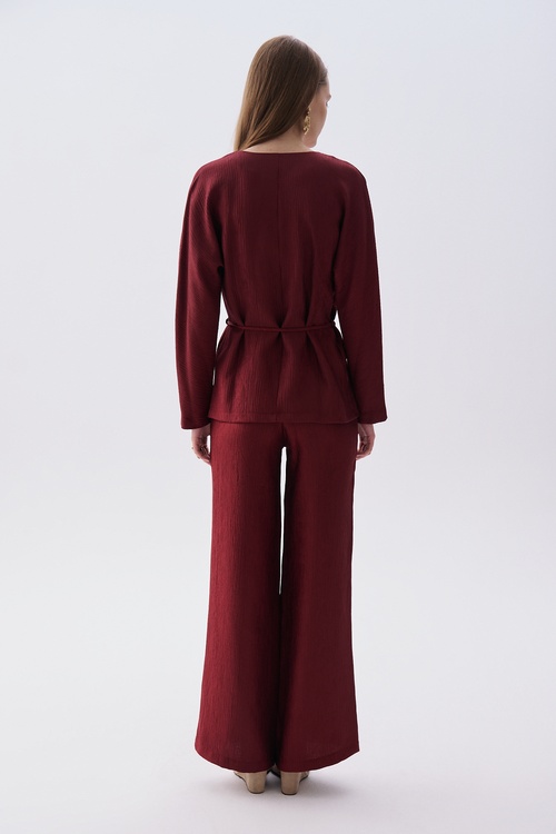 Kadın Bordo Loose Fit Bağlamalı V Yaka Uzun Kollu Bluz