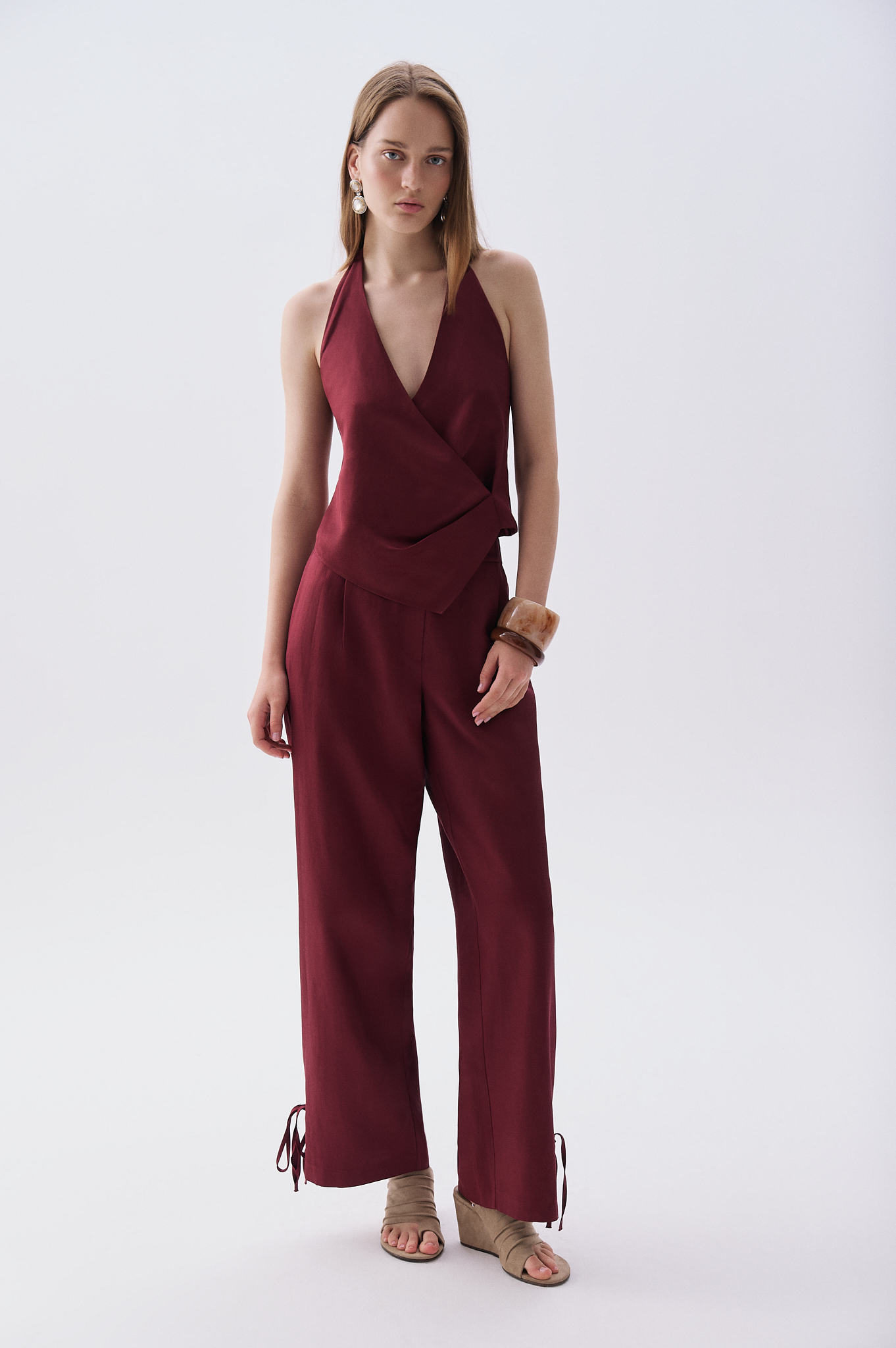 Kadın Bordo Paça Detaylı Loose Fit Pantolon