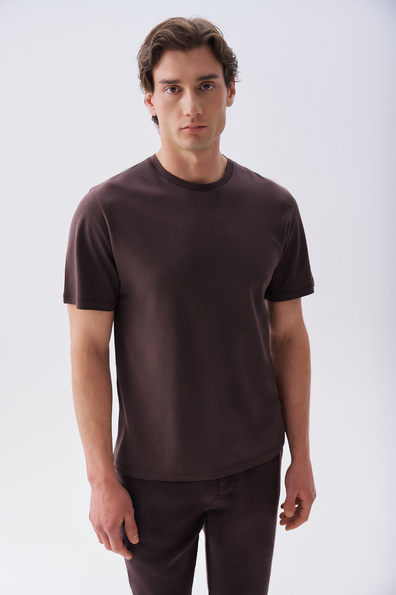 Erkek Kahverengi Comfort Fit Bisiklet Yaka T-Shirt
