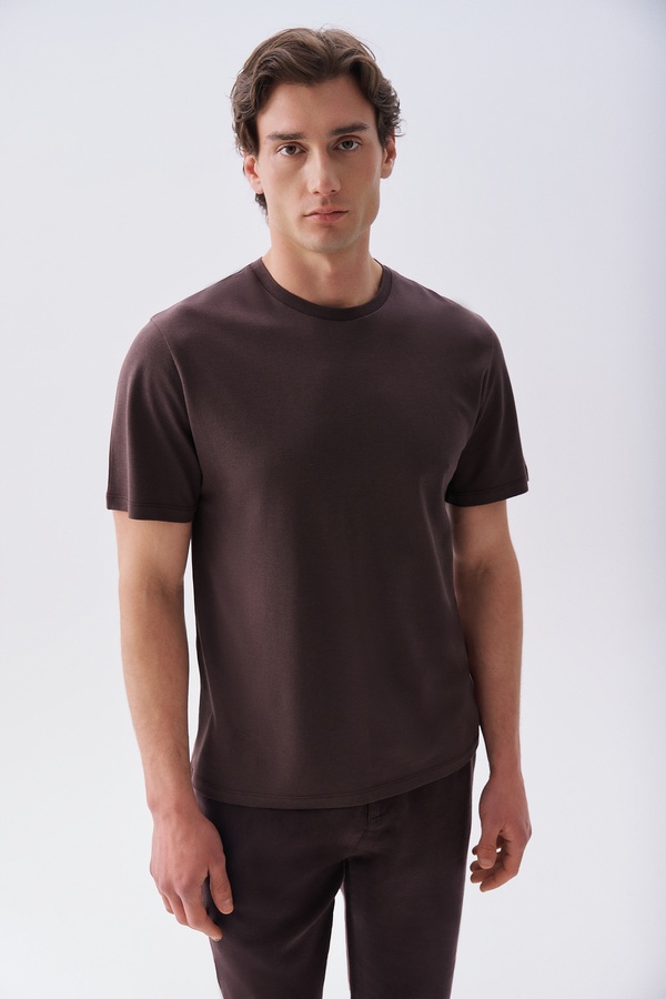Erkek Kahverengi Comfort Fit Bisiklet Yaka T-Shirt