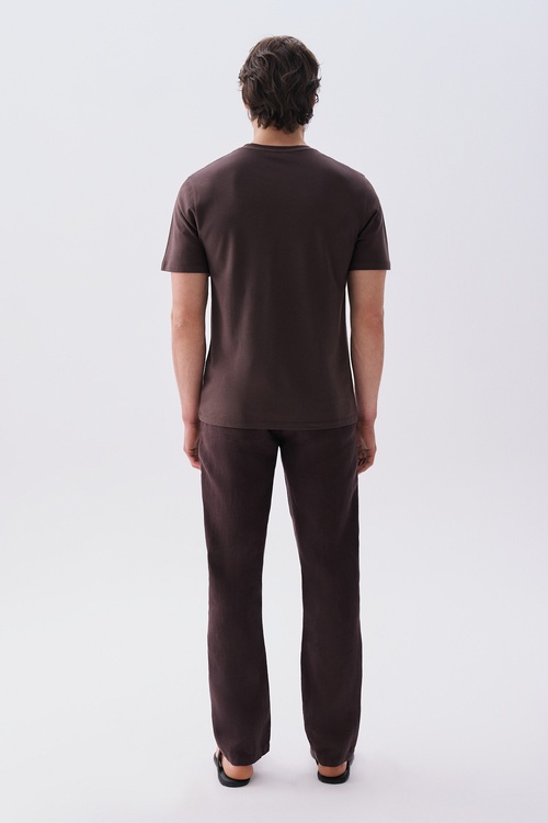 Erkek Kahverengi Comfort Fit Bisiklet Yaka T-Shirt