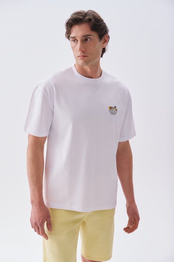 Erkek Beyaz Baskılı Oversize Bisiklet Yaka T-Shirt