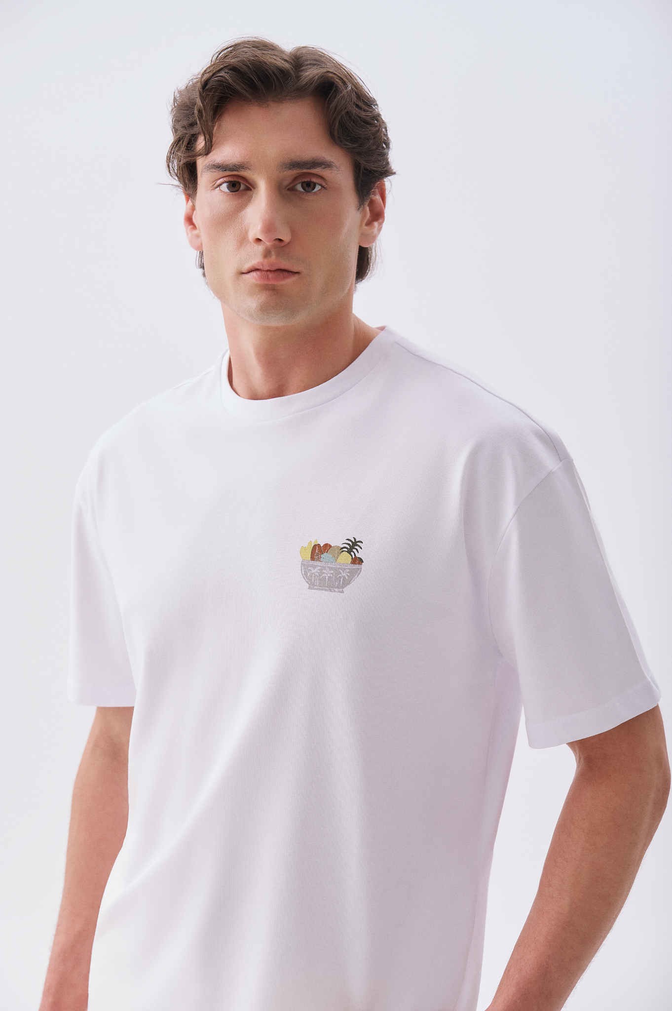 Erkek Beyaz Baskılı Oversize Bisiklet Yaka T-Shirt