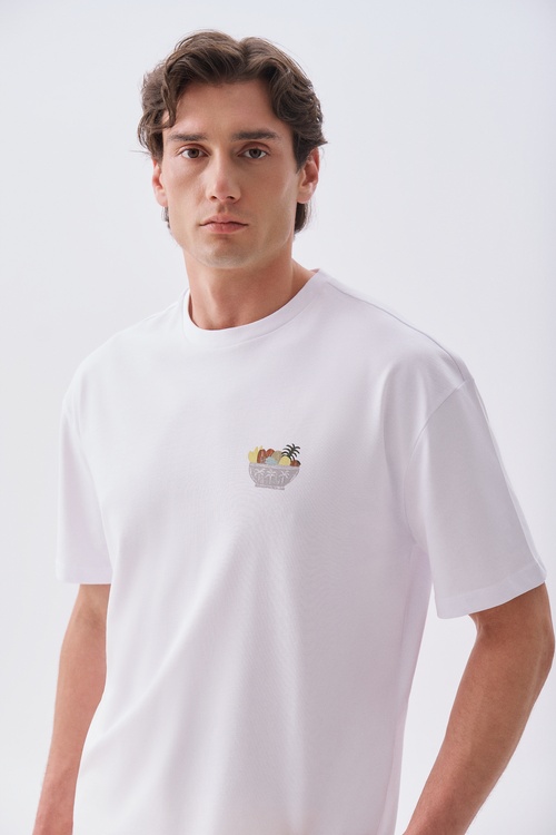 Erkek Beyaz Baskılı Oversize Bisiklet Yaka T-Shirt