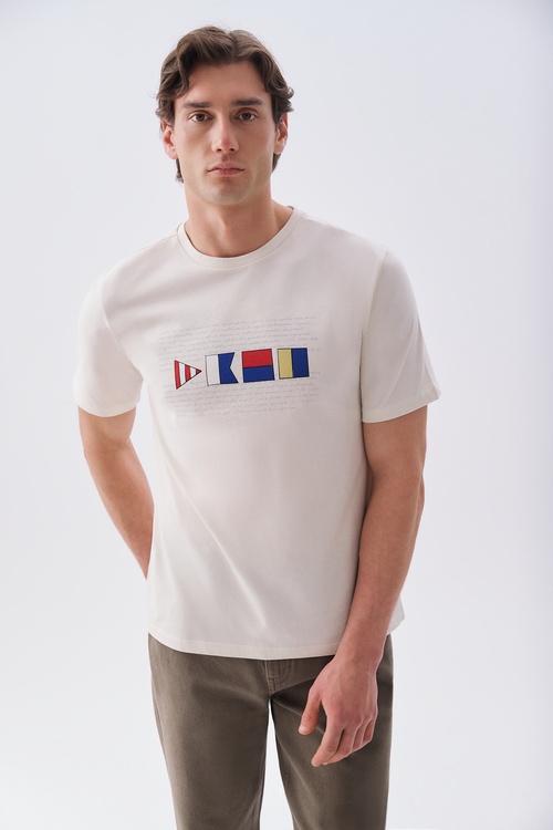 Erkek Taş Rengi Baskılı Bisiklet Yaka T-Shirt