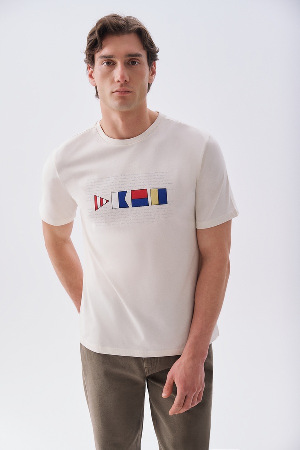 Erkek Taş Rengi Baskılı Bisiklet Yaka T-Shirt